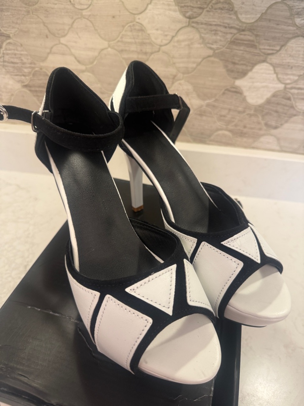 Black & White Ankle-Strap Peep-Toe Heels